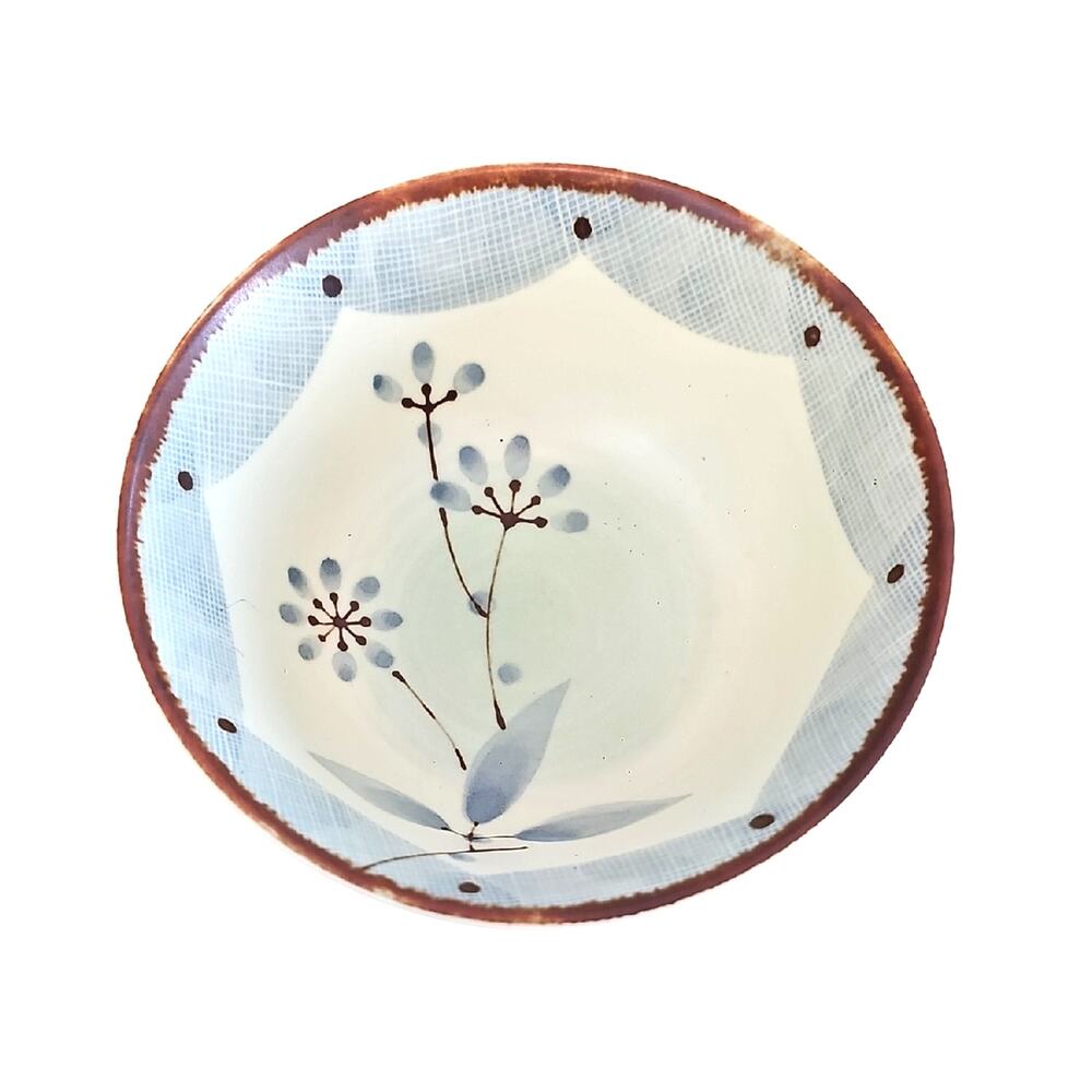 Vintage Made in Japan Hand-Painted Cream Brown and Blue Floral Ceramic Rice Bowl